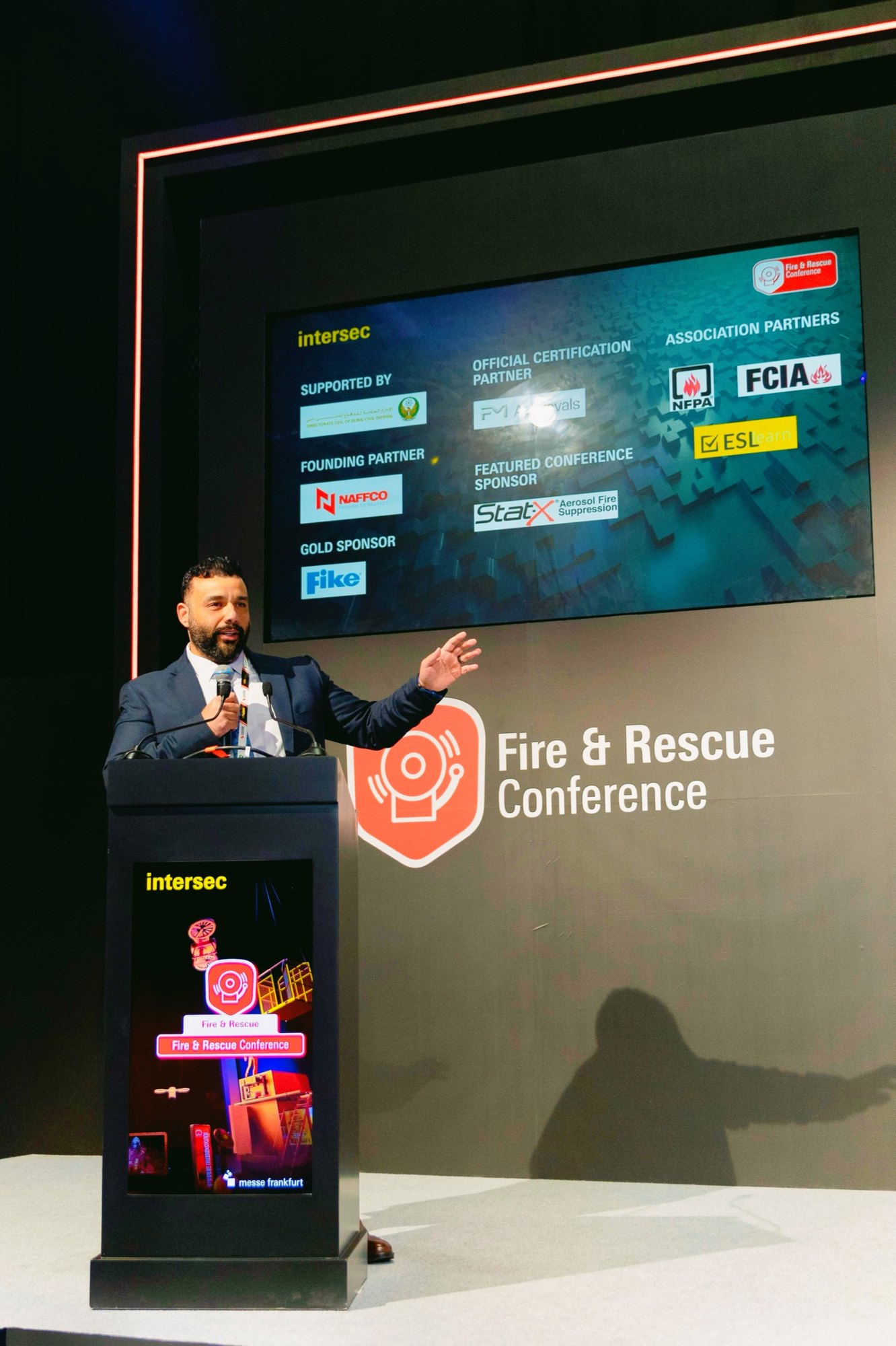 Mahmoud Elkady speaking at the Fire and Rescue Conference at Intersec